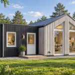 Sfeerimpressie van modulaire woning type 80, voorzijde vanaf links