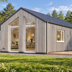 Sfeerimpressie van modulaire woning type 80, voorzijde vanaf rechts