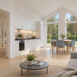 Sfeerimpressie van de woonkamer met open keuken in modulaire woning type 80