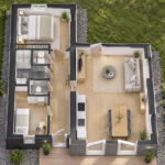 Ingerichte 3D-plattegrond van modulaire woning type 80 met twee slaapkamers en apart toilet